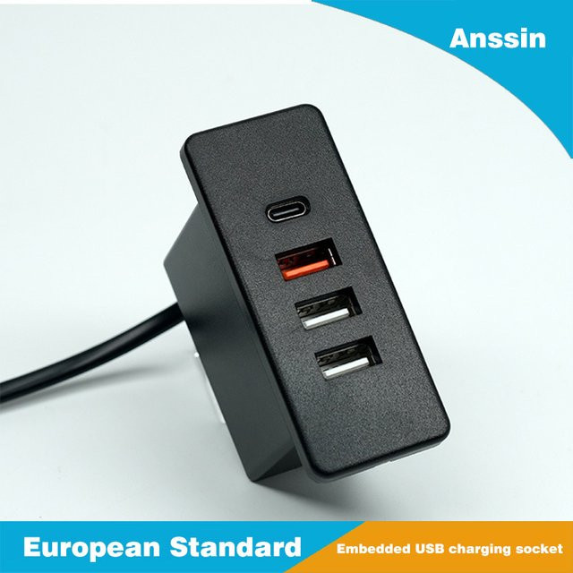 Anssin USB-Lade-Embedded-Buchse mit 3 USB-A und 1 USB-C Anschluss, PD 20W Schnellladung, Schwarz, für die versteckte Installation in Nachttisch oder Sofa - Bild 1