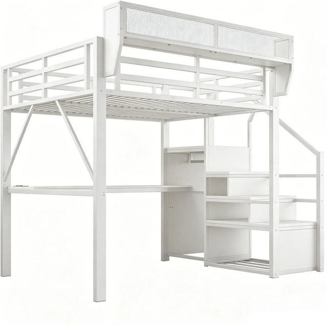 Merax Hochbett mit Schreibtisch und LED-Beleuchtung in Weiß, B/T/H: 200 x 140 x 145 cm - Bild 1