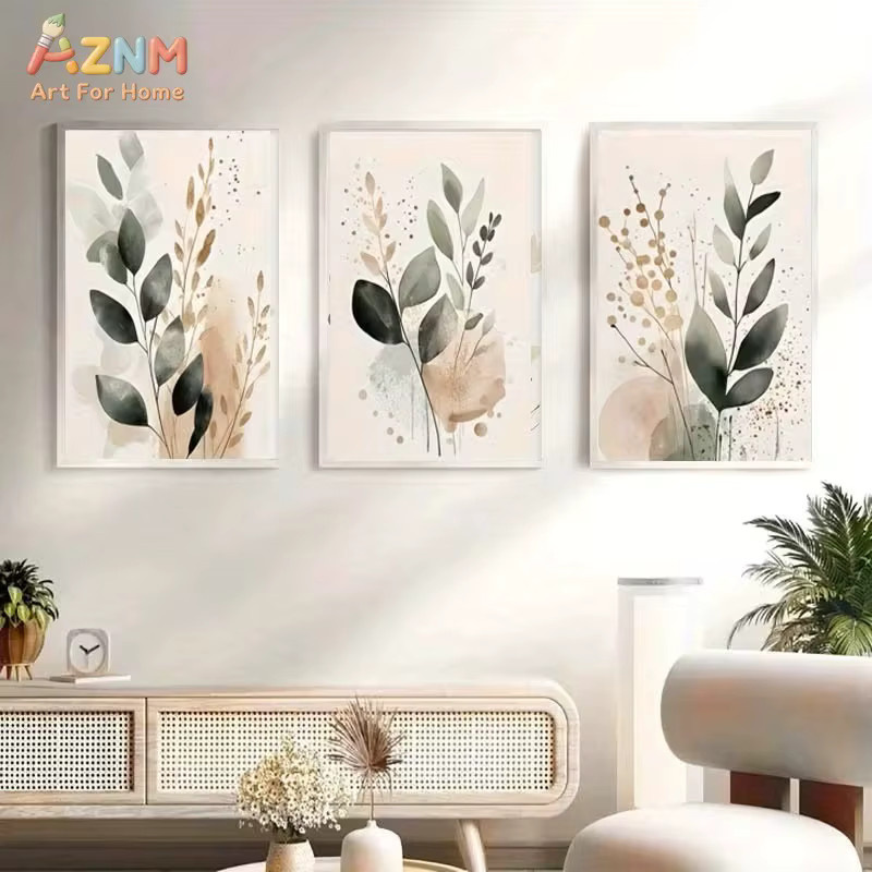 3er-Set AZNM Leinwandbilder mit Eukalyptusblättern in Salbeigrün und Beige, minimalistische Boho-Botanik-Prints im Aquarell-Stil - Bild 3