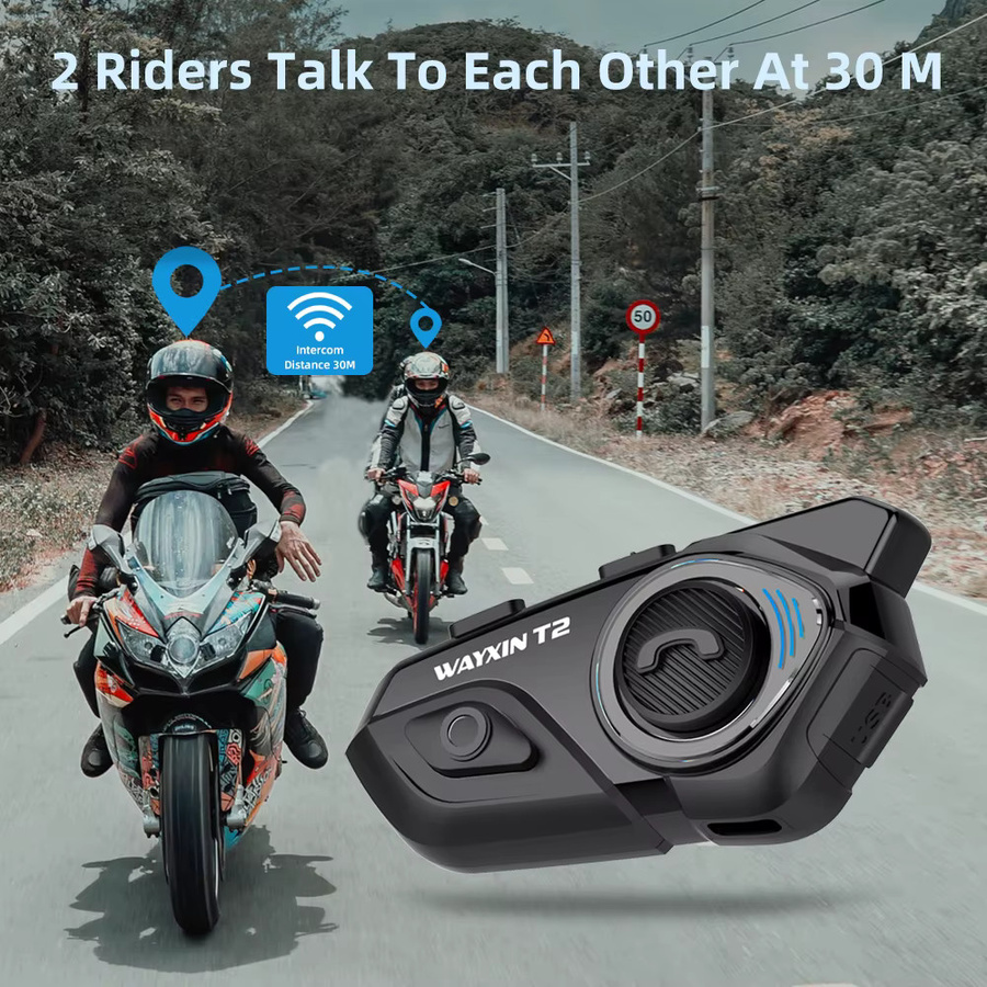 WAYXIN Helm Headset T2 Motorrad Bluetooth Intercom für 2 Fahrer, Bluetooth 5.1, wasserdicht, Schwarz - Bild 2