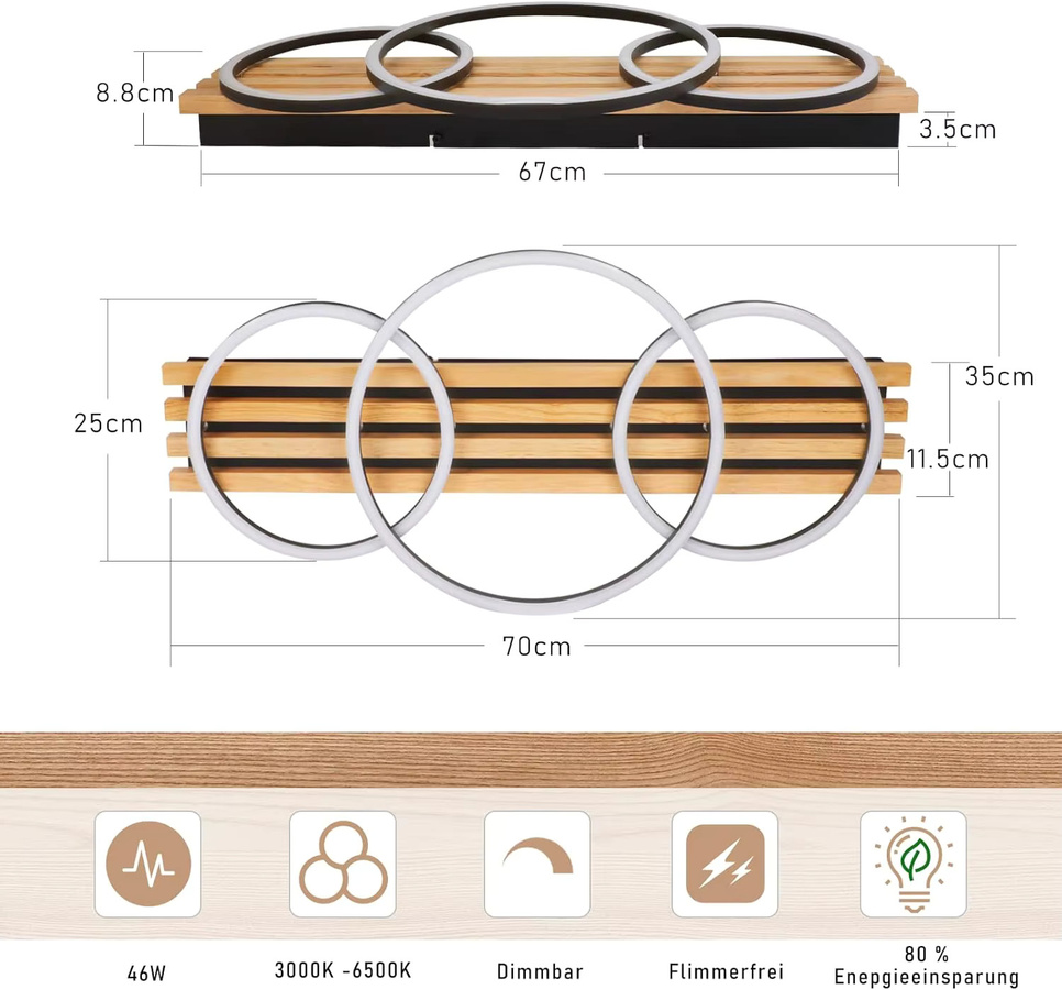 GBLY LED-Deckenleuchte aus Holz mit 3 Ringen, dimmbar mit Fernbedienung, 46W, Durchmesser: 70 cm, Weiß - Bild 3