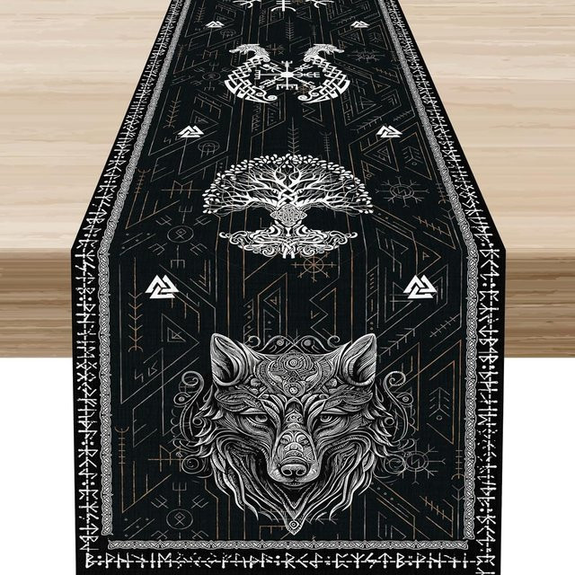 JINGYUE Pet Tischläufer aus Leinen mit Nordischem Wikinger Rabe Motiv in Grau und Schwarz, B/L: 33 x 150 cm - Bild 1