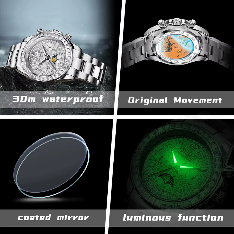 OLEVS Armbanduhr, Automatik, Gold, Edelstahl, Diamant, Mondphase, Herren - Bild 3