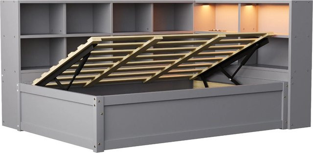 Merax Schlafsofa aus Massivholz und Stoff in Grau mit LED-Unterbettbeleuchtung, USB-Ladeanschluss und Stauraum, B/T/H: 90 x 200 x 82 cm - Bild 1