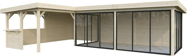 PALMAKO Pavillon Lenna Set 421 Slide aus Fichtenholz mit Alu-Schiebetüren und Eck-Tresenanlage, braun, B/H/T: 876 x 245 x 588 cm - Bild 2