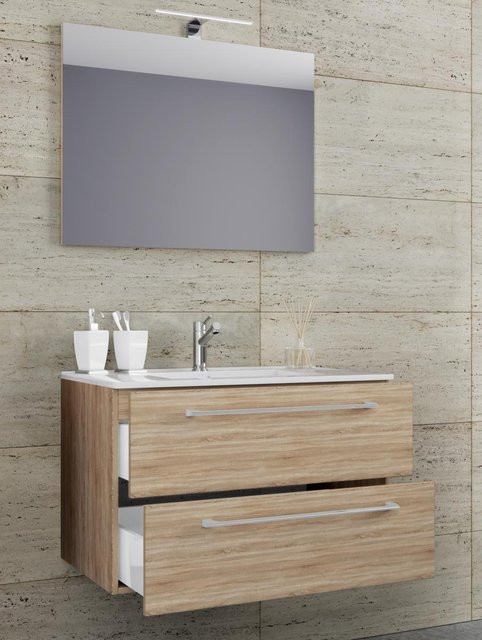 VCM Badinos 3-tlg. Waschplatz Set mit Waschtisch, Unterschrank und Spiegel in Eiche, B/H/T: 80 x 67 x 46 cm - Bild 1