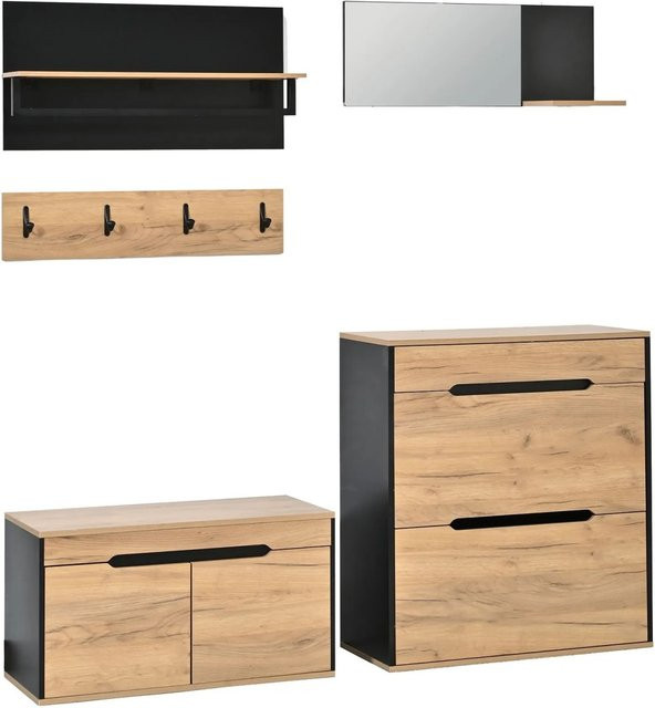 Merax Garderoben Set modern in Schwarz und Braun mit Schuhschrank, Spiegel, Sitzbank und Kleiderhaken, B/T/H: 156 x 36 x 176 cm - Bild 1