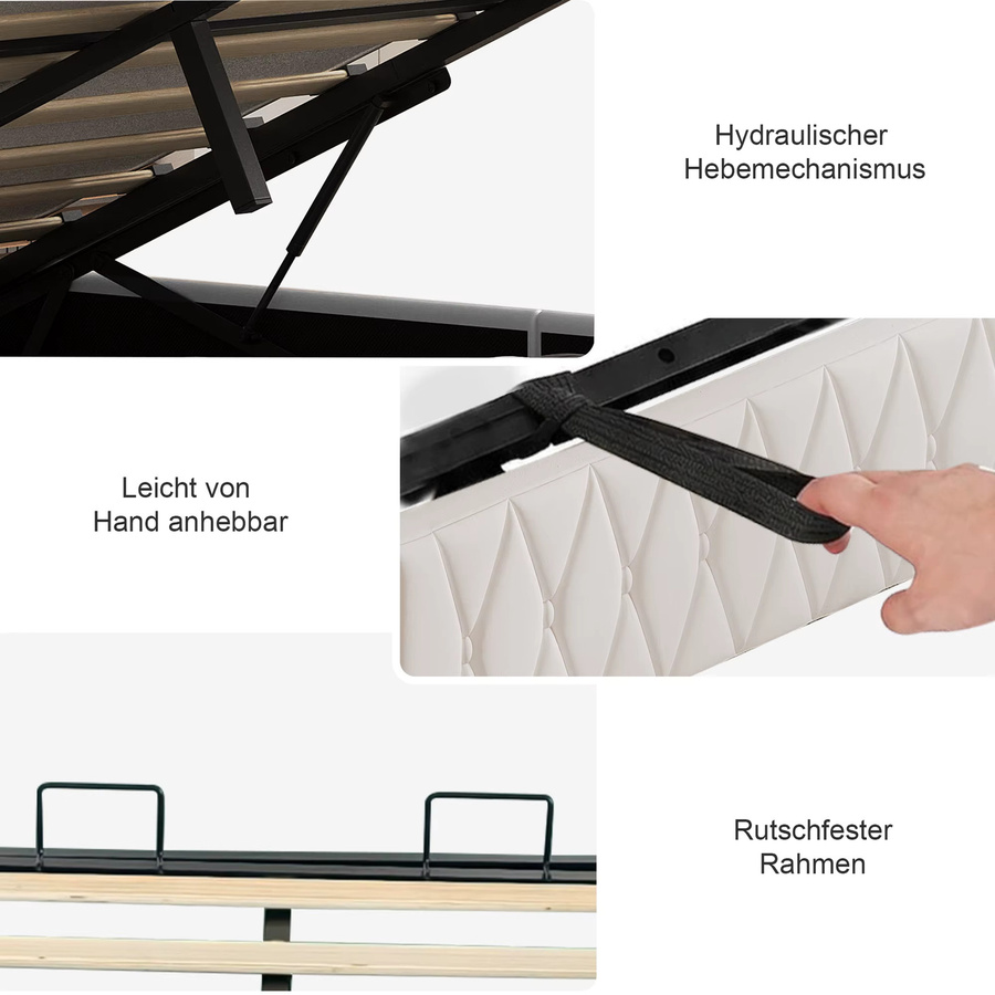 Comanlai Einzelbett mit hydraulischem Stauraum und gepolstertem Kopfteil, Breite: 90 cm, Tiefe: 200 cm, Farbe: Beige/Weiß - Bild 3