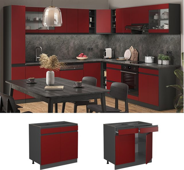 Vicco Küchenunterschrank R-Line J-Shape in Anthrazit und Rot, Breite: 80 cm - Bild 1