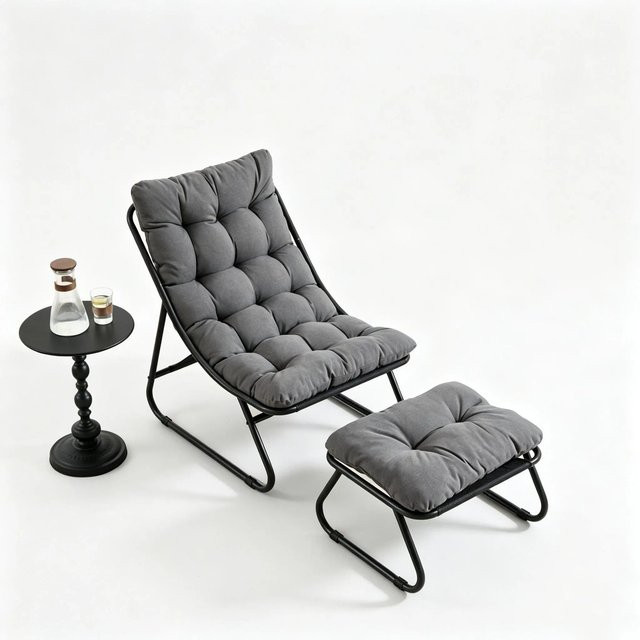 PXloue Relax Schaukelstuhl mit Hocker in Grau aus Stahl und Stapelfaser mit dicken Kissen - Bild 1
