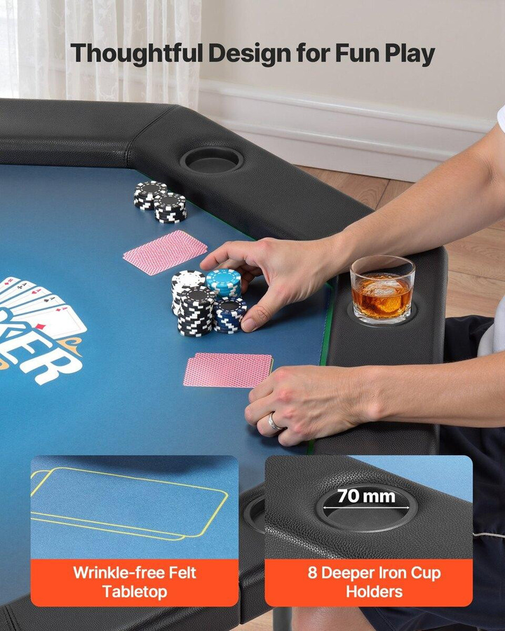 Faltbarer Pokertisch von Buying Solutions, MB für 8 Spieler, achteckiger Casino-Freizeittisch in Schwarz mit Filz und Metall, B/T/H: 132,5 x 132,5 x 76,5 cm - Bild 5