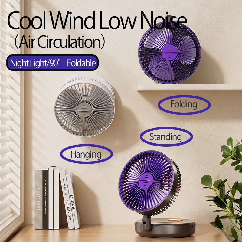 HAOYUNMA 3-in-1 Multifunktionaler Tragbarer Ventilator Grau, Wiederaufladbarer Wandlüfter mit 4 Stufen, 90 Grad Schwenkfunktion und Warmem Nachtlicht - Bild 3