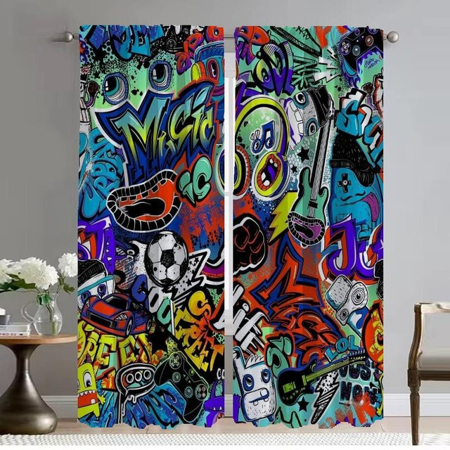 2er-Set Hip-Hop Graffiti Trennwand-Vorhänge in Multicolour, Verdunkelungsvorhänge für Küche und Zimmer, Breite: 60 cm, Höhe: 90 cm - Bild 1