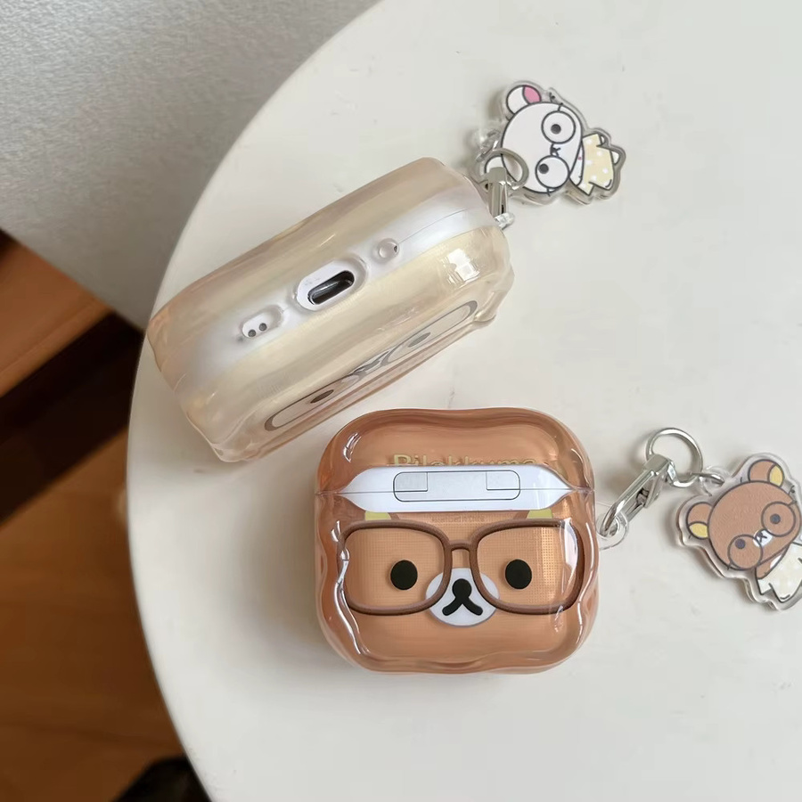 Potdemiel Rilakkuma Bär Kopfhörerhülle für AirPods 4 Pro 3 2 1 in Braun mit Schlüsselanhänger - Bild 2