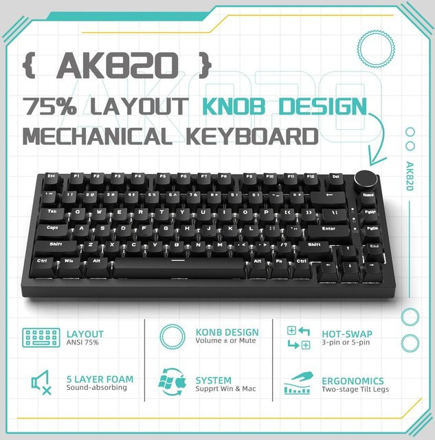 Ajazz AK820 Mechanische Gaming-Tastatur mit 75% Layout, RGB-Beleuchtung, Lautstärkeregler und PBT-Tasten in Schwarz - Bild 1