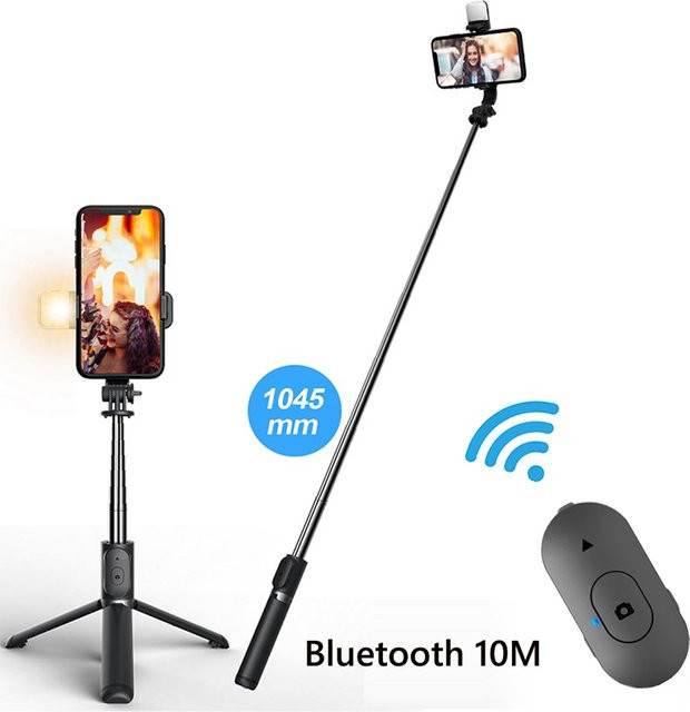 AILEHKUO Selfie-Stick-Stativ mit Bluetooth und Fülllicht, faltbares Mini-Stativ mit Fernauslöser für iOS und Android, erhältlich in Schwarz oder Weiß - Bild 1