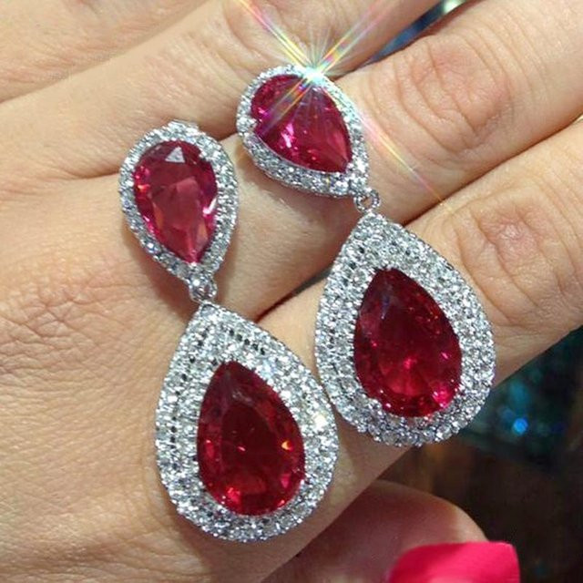 Yiran Jewelry Ohrringe, rote Zirkonia-Tropfen, Kupfer, Silber, Damen - Bild 1