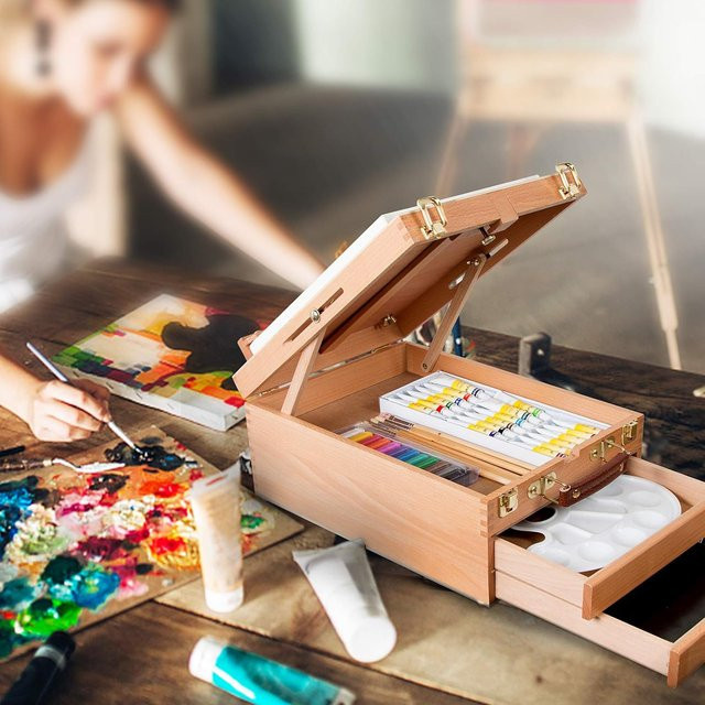 Letong Künstler-Desktop-Staffelei aus Holz in Braun mit 2 Schubladen und verstellbarer Aufbewahrung - Bild 1