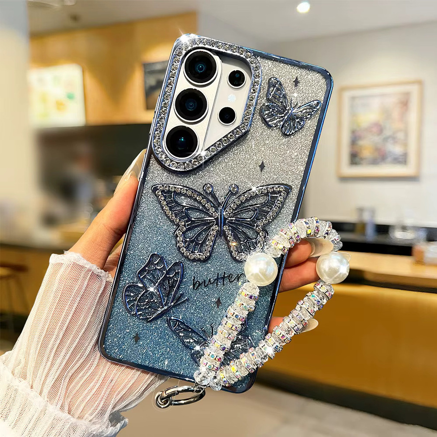 3D Schmetterling Glitzer Lanyard Handyhülle für Samsung Galaxy S26 Ultra S25 S24 FE S23 Plus A16 A26 in Purple - Bild 1