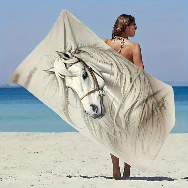 Strandtuch mit weißem Pferde-Motiv von JMG Household Supplies, Mikrofaser schnelltrocknend und sandfrei, B/H: 70 x 140 cm - Bild 1