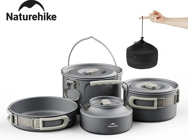 Naturehike Camping-Kochgeschirr-Set aus Aluminium in Grau, ultraleichtes Outdoor-Kochset mit Topf und Tassen - Bild 1