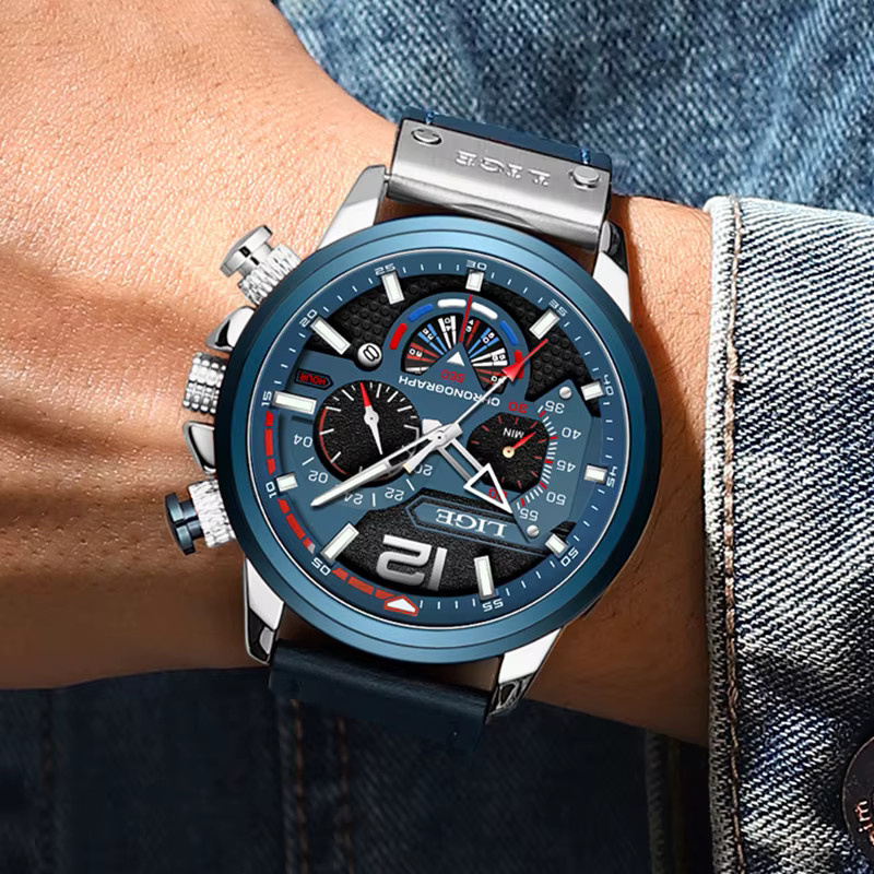 LIGE Chronograph Herrenuhr, Quarz, Leder, Edelstahl, Silver blue - Bild 5