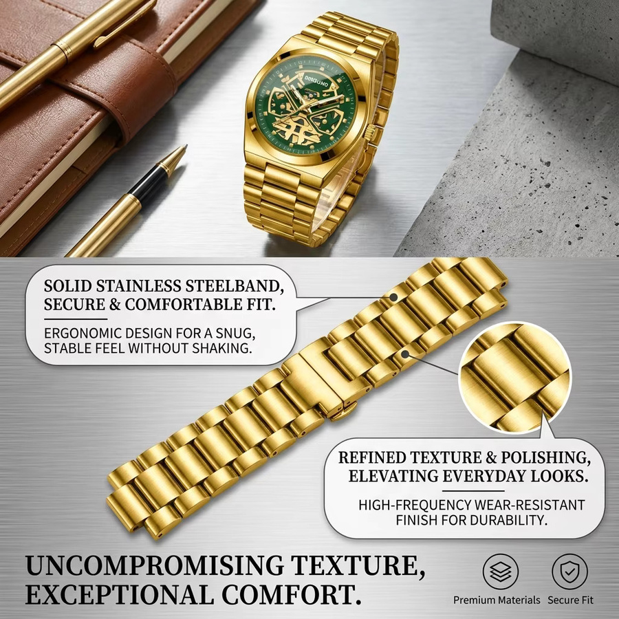 BINBOND Armbanduhr, Quarz, Edelstahl, Gold, grünes Zifferblatt, Unisex - Bild 4