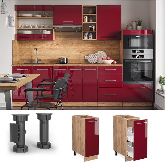 Vicco Apothekerschrank Fame-Line Küchenunterschrank in Bordeaux Hochglanz und Eiche Rot mit 30 cm Breite - Bild 3