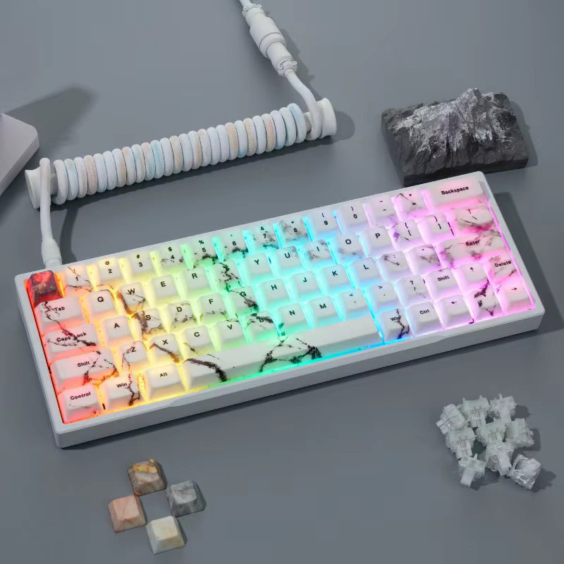Marmor 3.0 PBT Sublimation Tastenkappen mit Cherry Top Side Translucent Design für mechanische Tastaturen, 130 Stück, Weiß - Bild 2