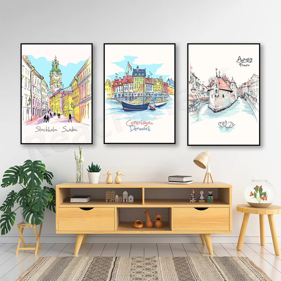 ReachMani Reiseplakat Set mit Stadtdrucken Stockholm Copenhagen und Annecy in skandinavischem Design, mehrfarbig, abstrakte Grafik auf Papier - Bild 1