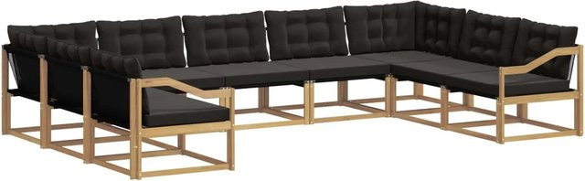 vidaXL Outdoor-Sofagarnitur 9-teilig in U-Form aus Akazienholz mit Textilene und Kissen, Weiß-Schwarz - Bild 1