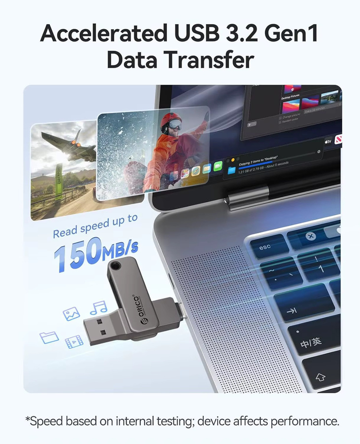 ORICO Dual USB-Stick mit USB-C und USB-A Anschluss in Silber und Grau für iPhone 15/16/17 Serie - Bild 1