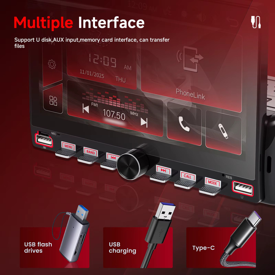 Podofo 1 Din Autoradio mit 7 Zoll Touchscreen MP5 Multimedia-Player, Bluetooth, USB Typ-C, AUX und Mirror Link in Schwarz - Bild 2