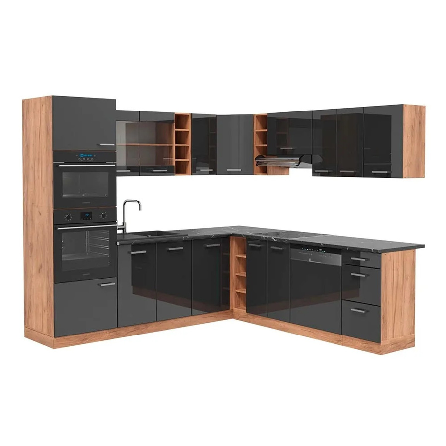 Vicco R-Line Eckküche Anthrazit Hochglanz und Goldkraft Eiche B/T/H: 237 x 247 x 81,6 cm - Bild 2