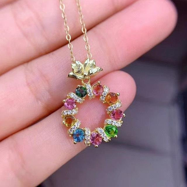 Halskette mit rundem Anhänger, 18K Gold, bunter natürlicher Topas, Damen - Bild 1