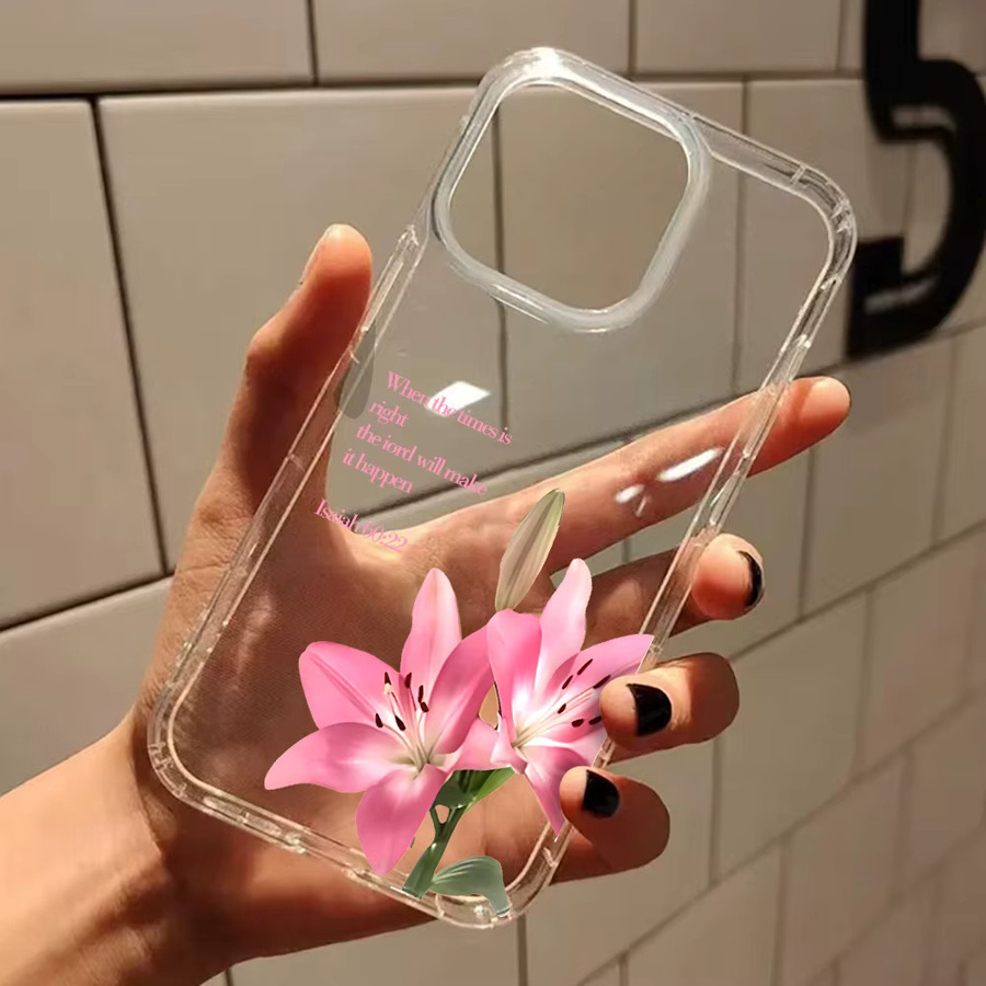 Transparente Silikon-Handyhülle mit rosa Lilien- und Bibelvers-Muster für iPhone 11 bis iPhone 17 Pro Max und weitere Modelle - Bild 3