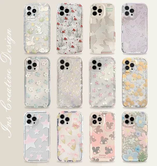 MUQGEW Handyhülle mit Cartoon-Häschen-Blumen Design für iPhone 11 bis 16 Pro Max, transparent und stoßfest - Bild 1