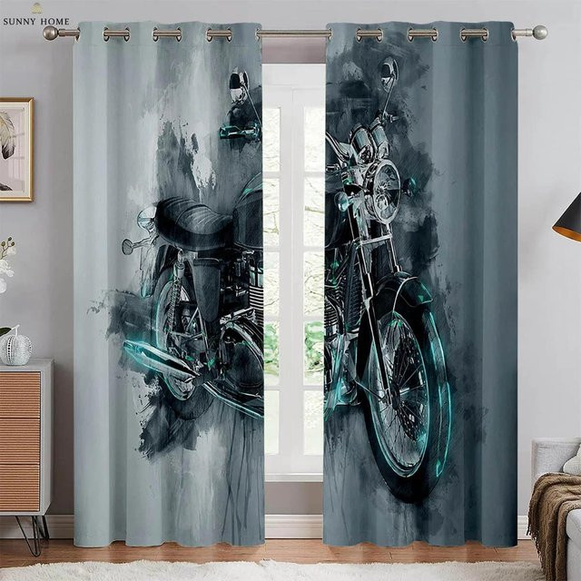 2er-Set Motorrad Vorhänge mit 3D-Druck aus Polyester, halbtransparent, Mehrfarbig, Breite: 50 cm, Höhe: 160 cm - Bild 1