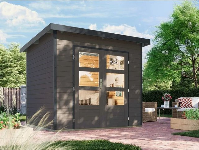 Karibu Gartenhaus Plutus Pent in Grau mit Regenrinne und 28 mm Wandstärke - Bild 1
