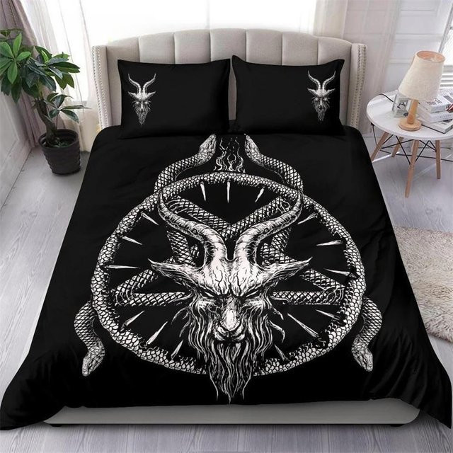 Bettwäscheset mit Baphomet Motiv von Binchi Fitness in Nachtblau und Rosa, bestehend aus Bettdeckenbezug und Kissenbezug, Maße: 210 x 210 cm - Bild 1