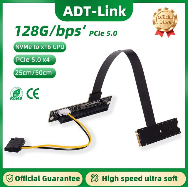 ADT-Link PCIe 5.0 M.2 NVMe auf x16 Grafikkarten-Verlängerungskabel FFC High-Speed Riser Adapter in Schwarz - Bild 1
