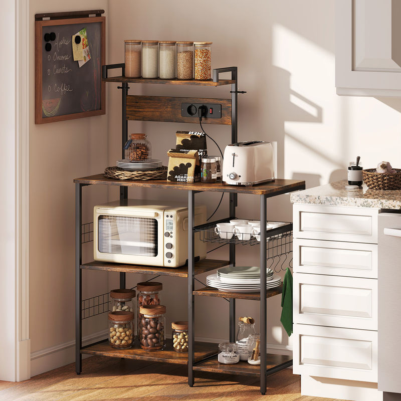 HOMCOM Küchenregal aus Stahl in Rustikal-Braun, Standregal mit 5 Ablagen, 2 Steckdosen, 5 S-Haken und Korb, B/T/H: 90 x 42 x 130 cm - Bild 2