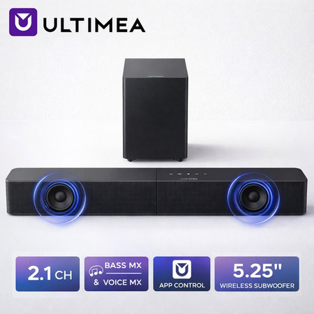 ULTIMEA 2.1-Kanal Soundbar Heimkinosystem in Schwarz mit 240W Leistung, kabellosem 5,25-Zoll Subwoofer, App-Steuerung, BassMX und VoiceMX für Smart TV