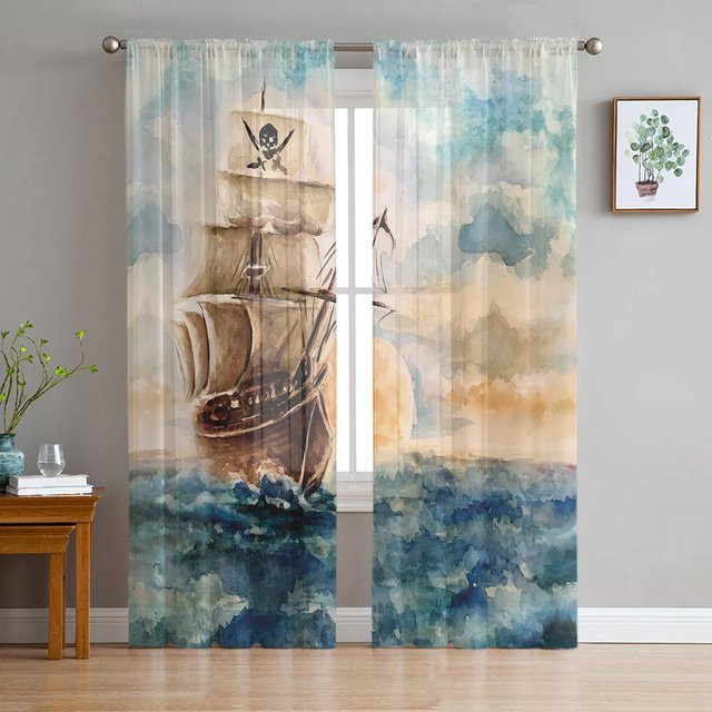 Transparente Vorhänge im Ölgemälde-Stil mit Piratenschiff-Motiv aus Organza, Farbe: Grau/Mehrfarbig, Breite: 135 cm, Höhe: 115 cm - Bild 1