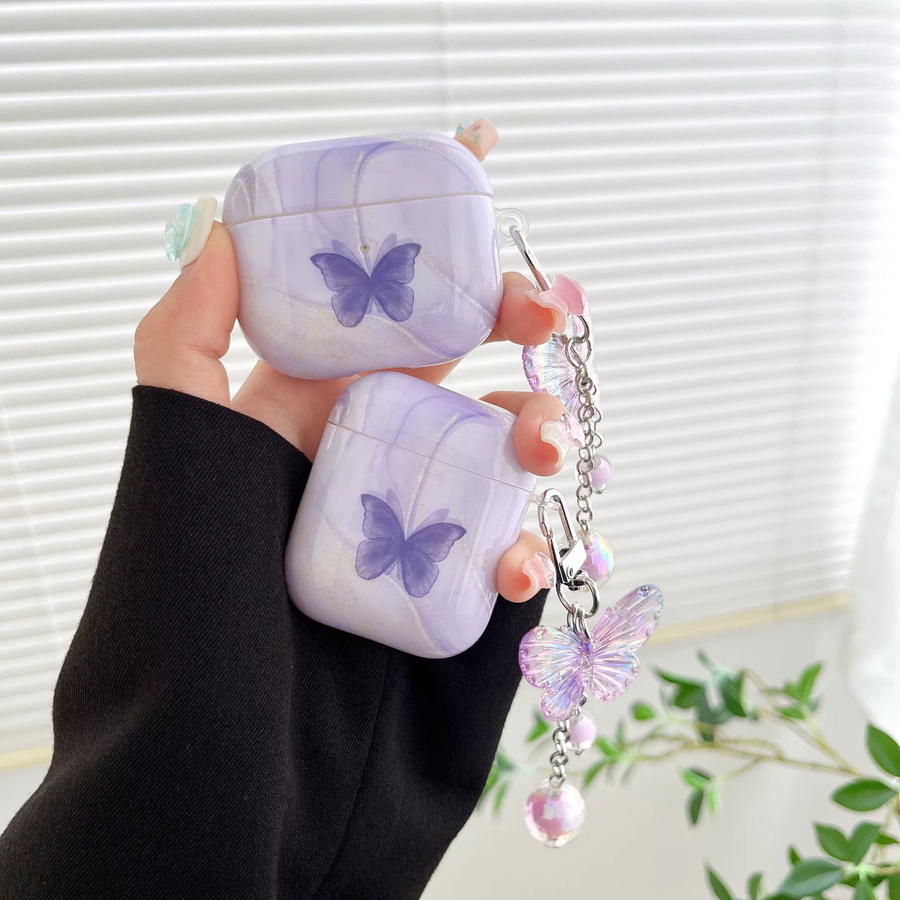 Lila AirPods Schutzhülle mit Schmetterlingsmuster aus TPU für AirPods 1/2, AirPods 3 und AirPods Pro/Pro 2 - Bild 3
