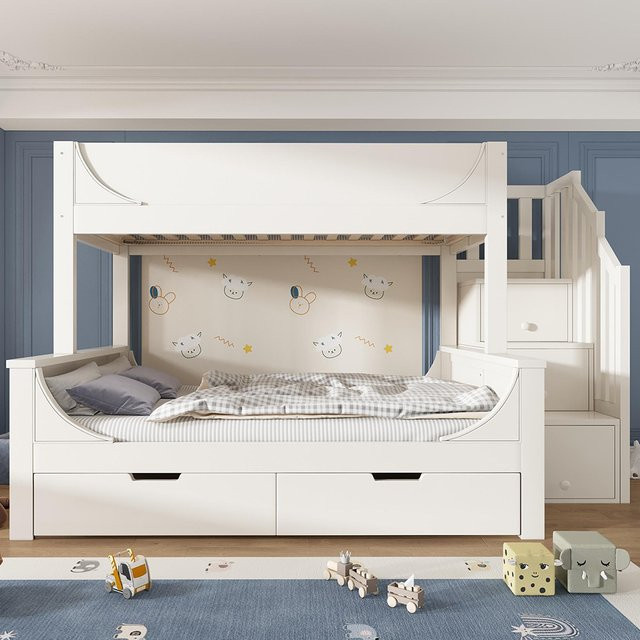 KOMHTOM Kinder Etagenbett in Weiß mit Leiterschrank und Schubladen, B/T/H: 230 x 200 x 140 cm (unten) und 200 x 200 x 90 cm (oben) - Bild 1