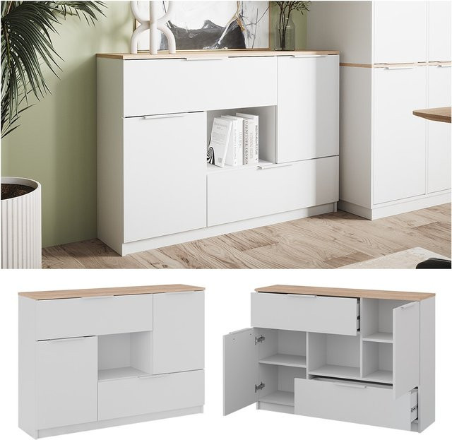 Vicco Sideboard Betti in Weiß Sonoma mit 2 Türen, 2 Schubladen und 1 Fach, Breite: 120 cm, Höhe: 84 cm - Bild 1