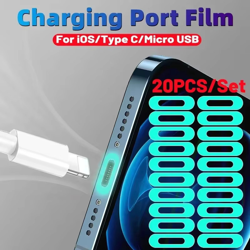 Leuchtende Schutzfolie für Ladeanschlüsse von Telefonen und Tablets, universell für iOS, USB-C und Micro-USB, transparent, 5 bis 20 Stück - Bild 1