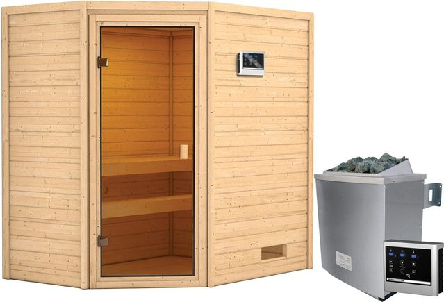 Karibu Massivholzsauna Jella aus Fichte in Braun mit 9 kW Ofen, externem Steuergerät und bronzierter Glastür, B/T/H: 195 x 145 x 187 cm - Bild 1