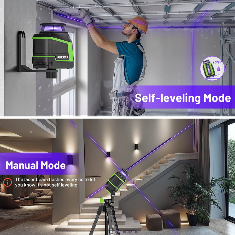 HUEPAR Laser-Wasserwaage Lila, selbstnivellierend mit 360 Grad Kreuzlinie, Pulsmodus und 3 Helligkeitsstufen, inklusive Magnetfuß - Bild 2